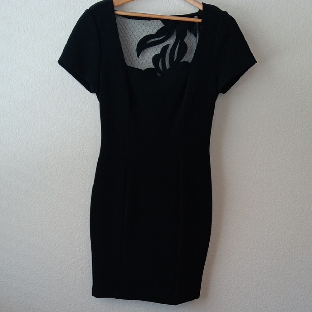 Black Square-Neck Sheath Cocktail Dress with Lacy Back